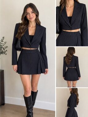 Cropped Pinstripe Blazer Jacket - Black
